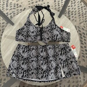 Swim Systems Bikini Set Black White Adjustable Strap Tie Back Size M Snake print